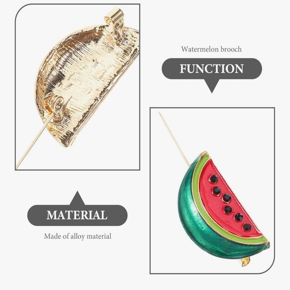 Watermelon Brooch Pin with Fashion Gemstones, Pink, Green, Black - Picture 9 of 17